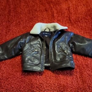 Kids Black Leather Jacket with Shearling Collar